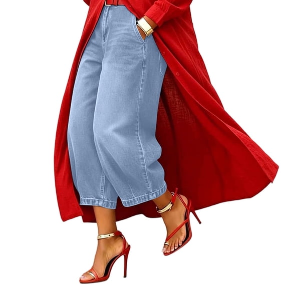 ASDFVBKG Capris Jeans for Women Trendy Wide Leg Capri Pants High Waisted Pull On Elastic Waist Summer Stretch Denim Jeans Sky Blue XL