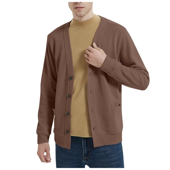 ASDFVBKG Cardigan for Men V-Neck Long Sleeve Button Down Knitted Sweater With Pockets Lightweight Fall Outfits Men's Dressy Cardigan Outerwear Coffee M