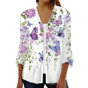 ASDFVBKG Cardigans for Women 3/4 Sleeve Plus Size Cardigan Lightweight Open Front Shrug Cardigan Floral Print Dressy Casual Cute Outwear Coat Light Purple L