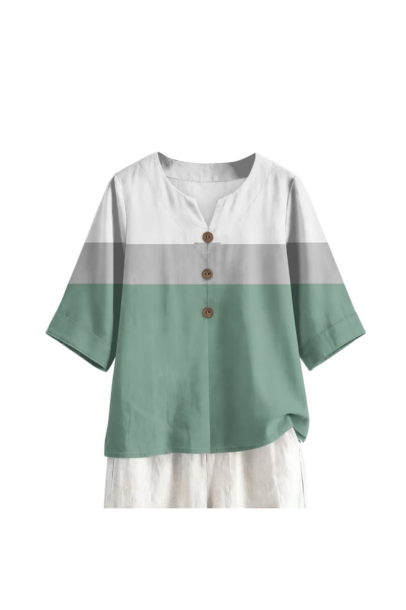 Cotton Linen Shirt Women 3/4 Length Sleeve V-Neck Shirts Fashion Vintage Striped Pattern Top Lounge Loose Fit Comfy Tee Tops Green XL