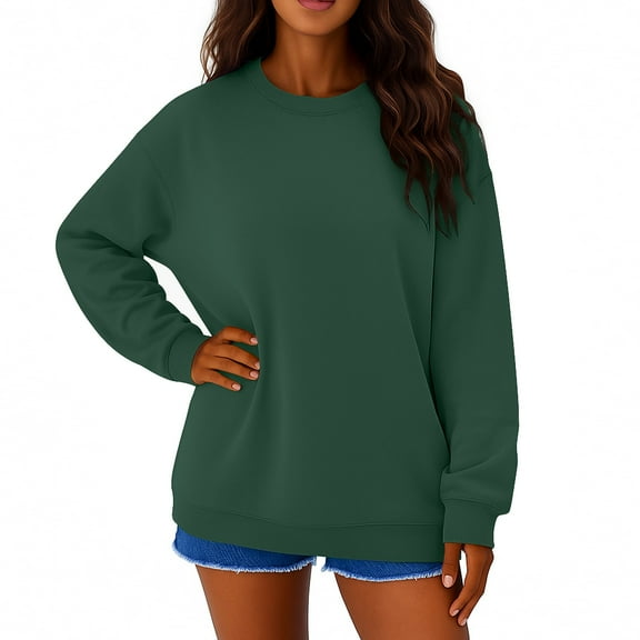 ASDFVBKG Crewneck Sweatshirt Womens Comfy Long Sleeve Pullover Lightweight Fleece Trendy Casual Sweatshirts Oversized No Hood Tee Tops Green M