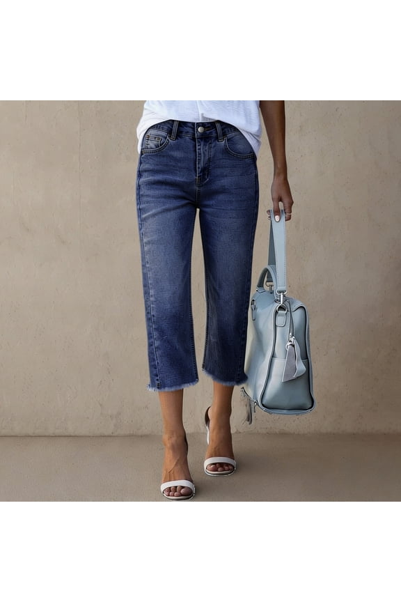 Cropped Jeans for Women Cropped Fashion Capri Jeans Stretch Denim Pull on Raw Hem Summer Capris Jeans Royal Blue XXL