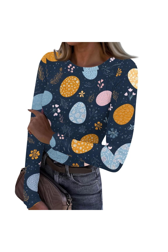 Cute Patterned Underscrubs Long Sleeve Dressy Tops Rabbit Graphic Colored Eggs Print T Shirts Tunic Tops Blue M