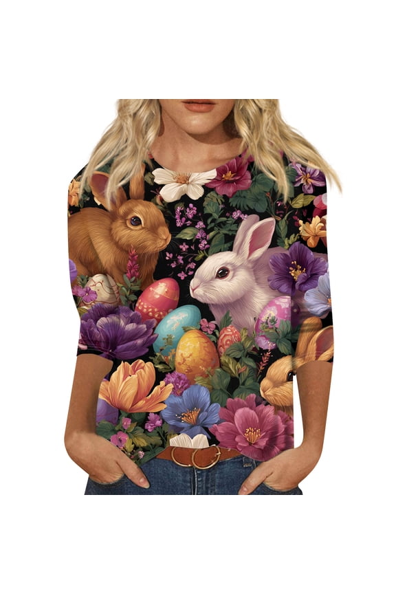 Easter Day Shirts for Women 3/4 Sleeve Rabbit Printed Blouse Summer Stretchy Shirts Funny Top Green 5XL