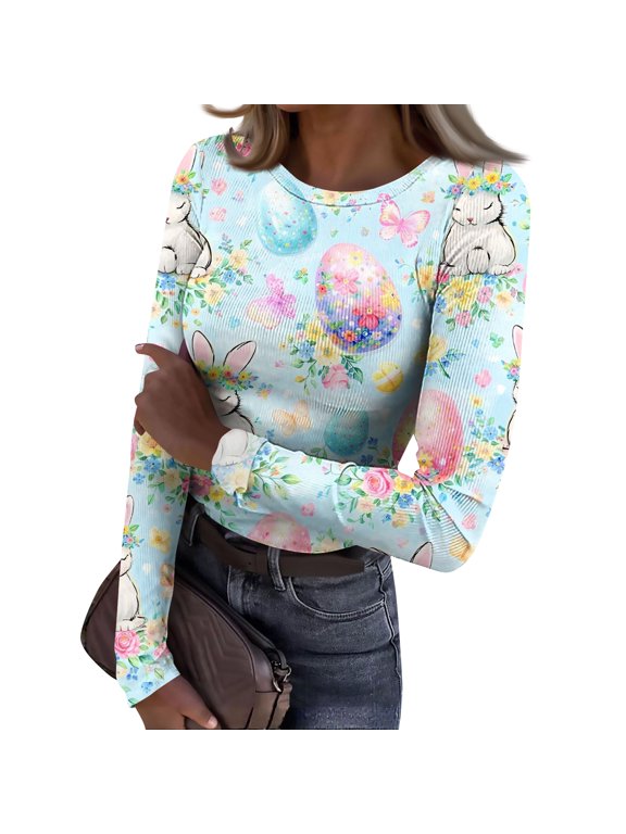 Easter Day Tops for Womens Y2k Crew Neck Basic Long Sleeve Slim Fit Tops Ribbed Knit Easter Bunny Graphic Comfy Outfits Clothing Sky Blue 2XL