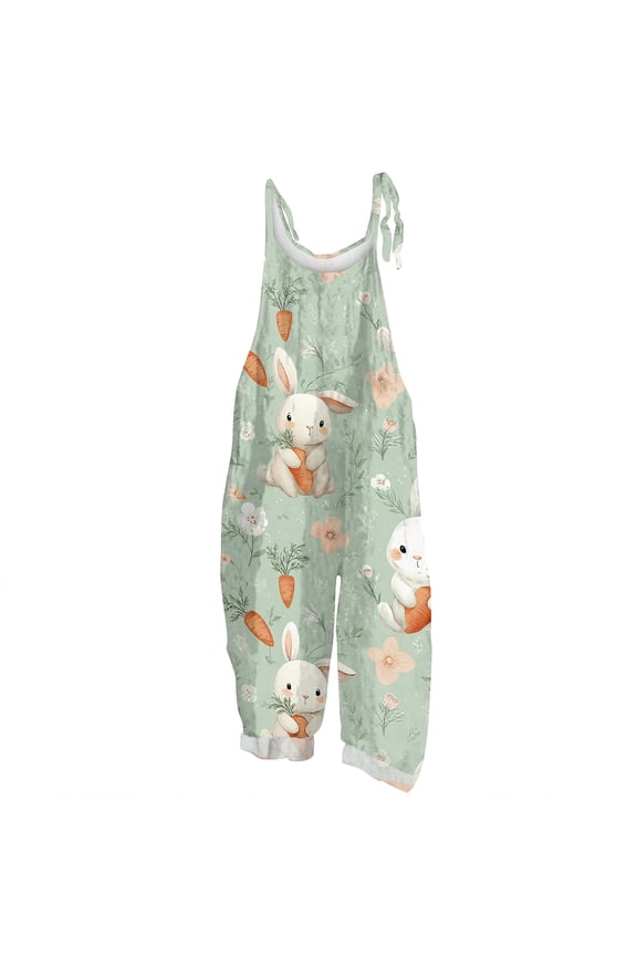 Easter Jumpsuits for Women Plus Size Rabbit Graphic Print Wide Leg One Piece Overalls Loose Fit Fashion Clothes Onesie with Pocket Overalls Green 2XL