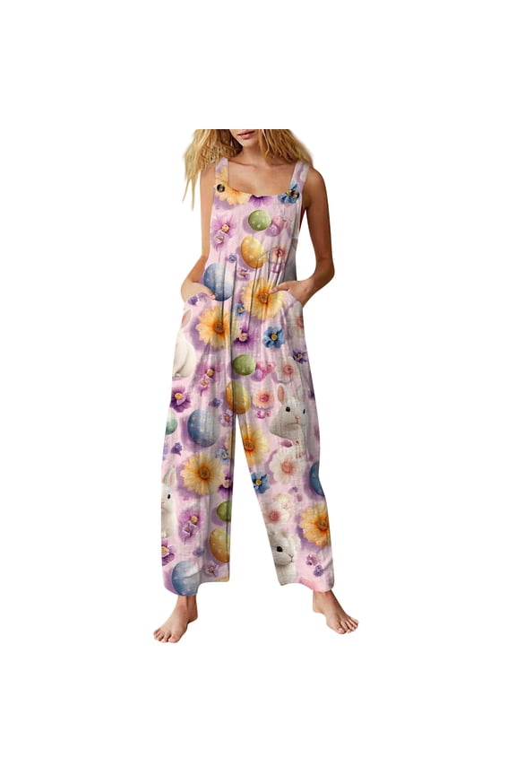 Easter Jumpsuits for Women Plus Size Cotton Ribbed Knit Wide Leg One Piece Jumpsuits Loose Fit Trendy Clothes with Pocket Overalls Pink L
