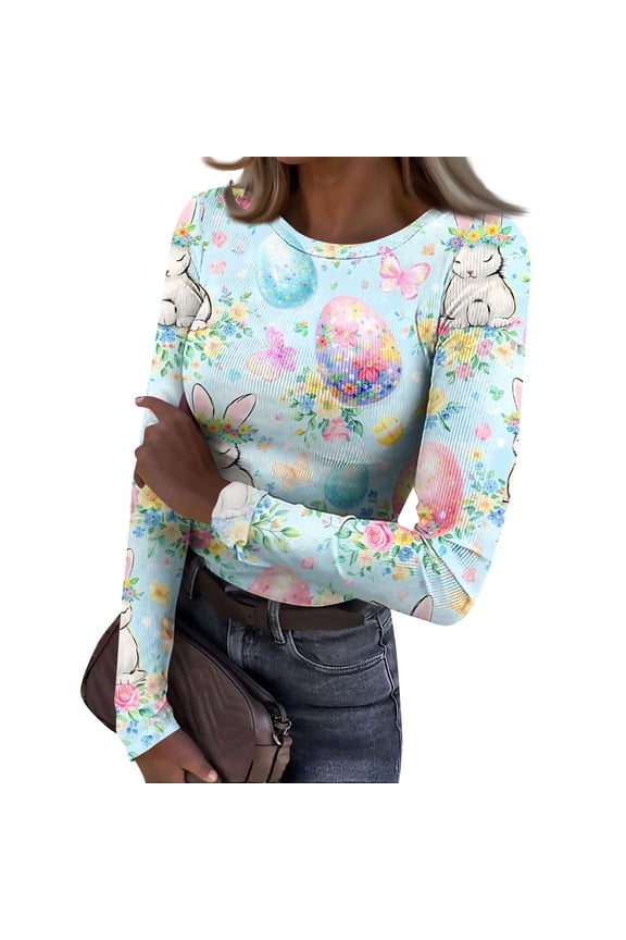 Easter Patterned T-Shirts for Women Casual Crew Neck Basic Long Sleeve Slim Fit Tee Shirts Ribbed Knit Bunny Rabbit Graphic Cozy Tees Sky Blue S