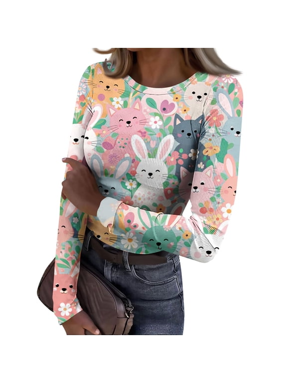 Easter Patterned T-Shirts for Women Dressy Crewneck Basic Long Sleeve Slim Fitted Tops Ribbed Knit Bunny Floral Printed Cozy Pullover Tops Light pink L