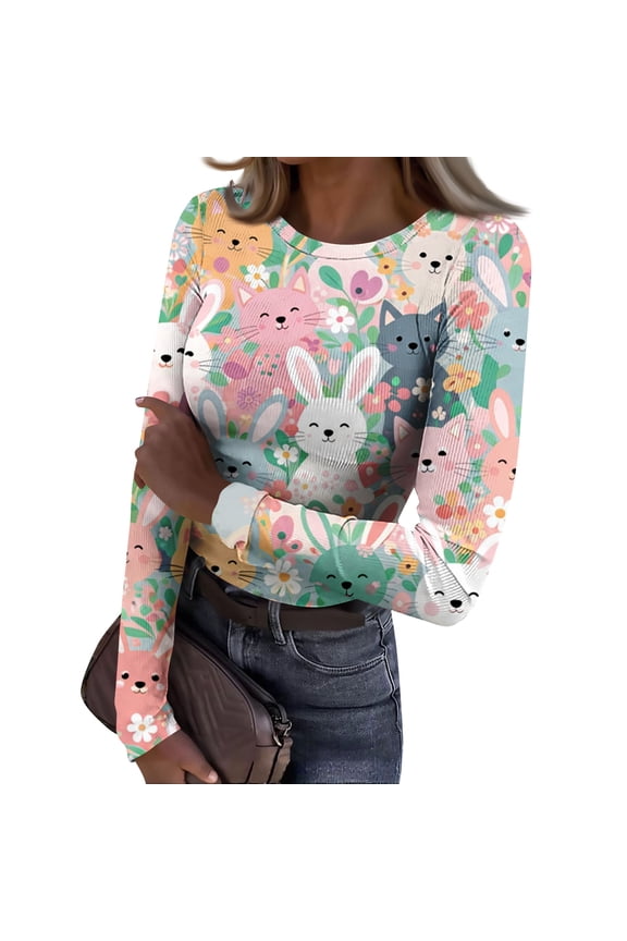 Easter Patterned T-Shirts for Women Dressy Crewneck Basic Long Sleeve Slim Fitted Tops Ribbed Knit Bunny Floral Printed Cozy Pullover Tops Light pink L
