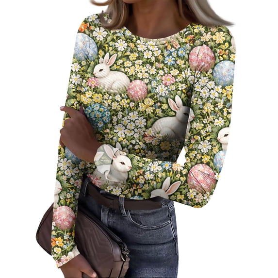 ASDFVBKG Easter Patterned T-Shirts for Women Fashion Crew Neck Basic Long Sleeve Slim Fitted Shirts Ribbed Bunny Floral Printed Cozy Outfits Clothing Light Green 2XL