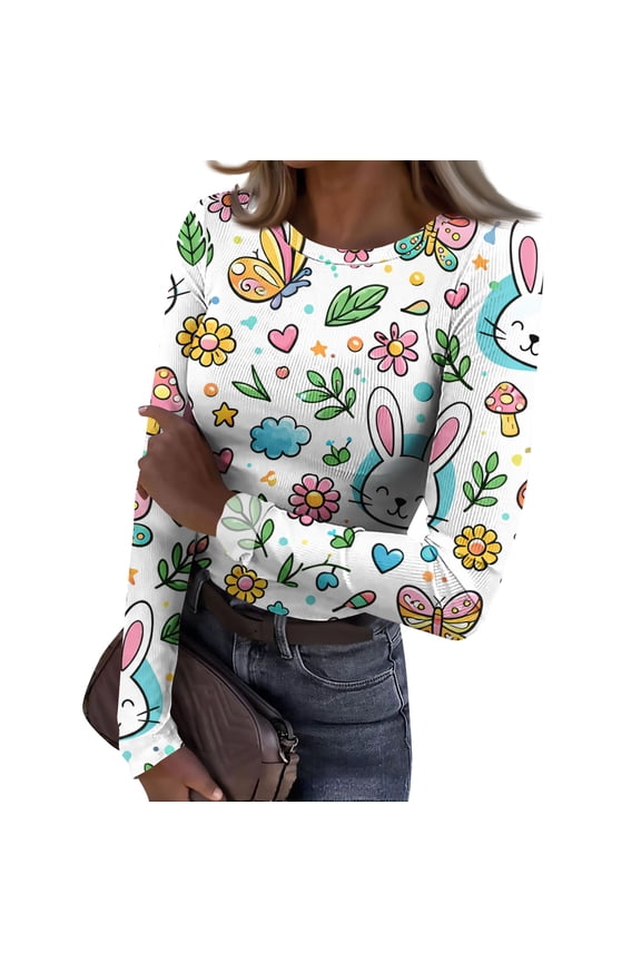 Easter Patterned T-Shirts for Women Y2k Crewneck Basic Long Sleeve Rib Fitted Tee Shirts Ribbed Knit Bunny Rabbit Graphic Cozy Pullover Tops Multicolor L