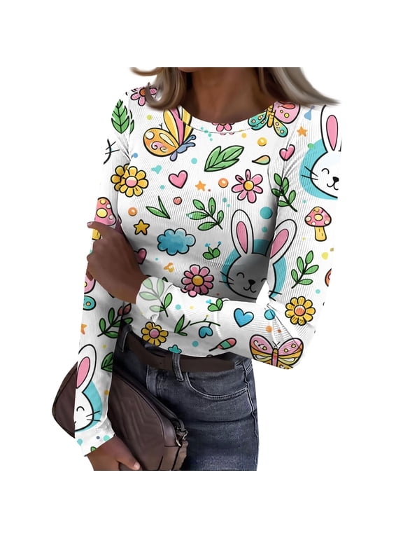 Easter Tops for Women Casual Crewneck Basic Long Sleeve Rib Fitted T-Shirts Ribbed Bunny Floral Printed Comfy Outfits Clothing Multicolor S
