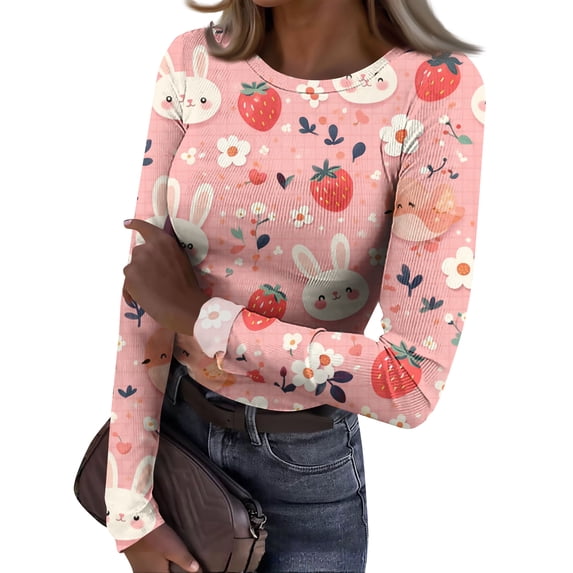 ASDFVBKG Easter Tops for Women Y2k Crew Neck Basic Long Sleeve Rib Fitted T-Shirts Ribbed Easter Bunny Graphic Comfy Outfits Clothing Pink L