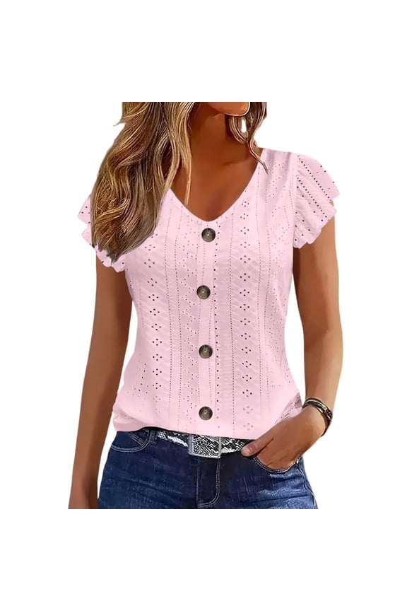 Eyelet Embroidery V Neck T-Shirt Womens Decor Ruffle Cap Sleeve Shirts Solid Color Summer Flowy Casual Blouse Pink S