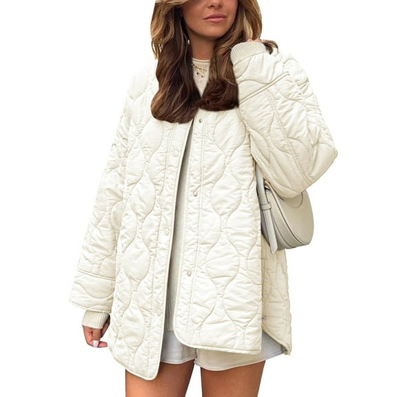 ASDFVBKG Fall Jackets for Women 2025 Quilted Long Sleeve Crew Neck Button Down Jacket with Pockets Lightweight Dressy Shacket Coat Solid Casual Outerwear Beige M