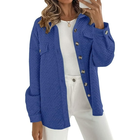 ASDFVBKG Fall Jackets for Women 2025 Quilted Long Sleeve Lapel Button Down Jacket with Pockets Lightweight Fashion Shacket Coats Solid Casual Outerwear Blue S