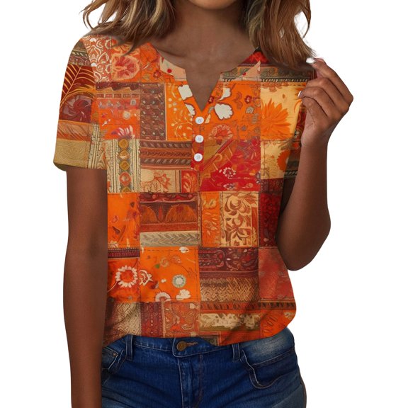 ASDFVBKG Floral Print Shirts for Women Spring short Length Sleeve Blouse casual Crew Neck Valentine Outfits Red M