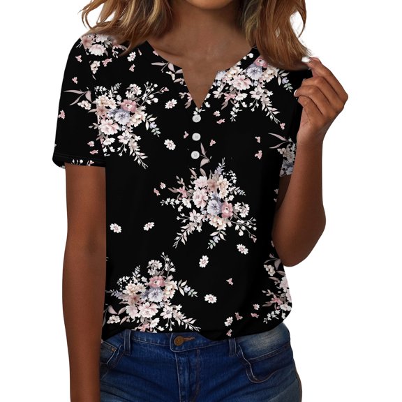 ASDFVBKG Floral Print Tees for Women Summer Valentine Crew Neck Blouse casual short Sleeve Outfit Black S