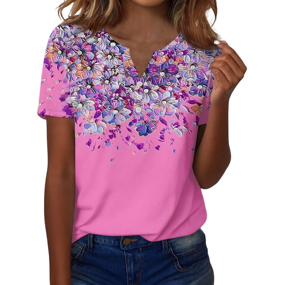 ASDFVBKG Floral Printed Graphic Tees for Women Summer Valentine's Day Crew Neck Blouse casual short Sleeve Outfit Red L