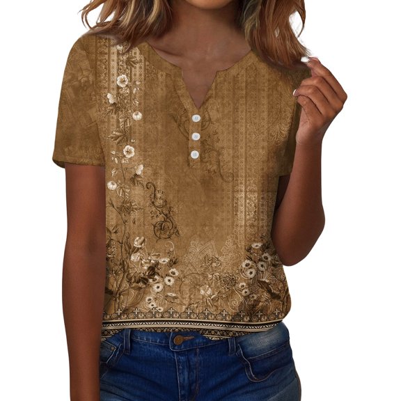 ASDFVBKG Floral Printed Shirts for Women Spring Crew Neck Blouses casual short Length Sleeve Valentine Outfits Brown M