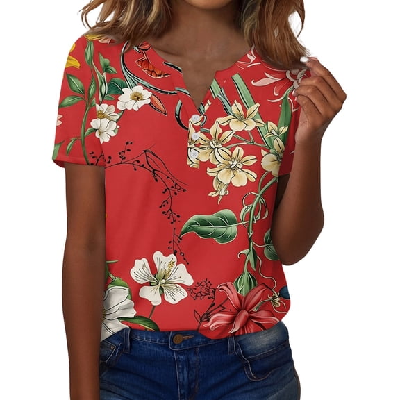 ASDFVBKG Floral Printed Tees for Women Spring short Sleeve Blouses casual Crew Neck Valentine Outfit Red XL