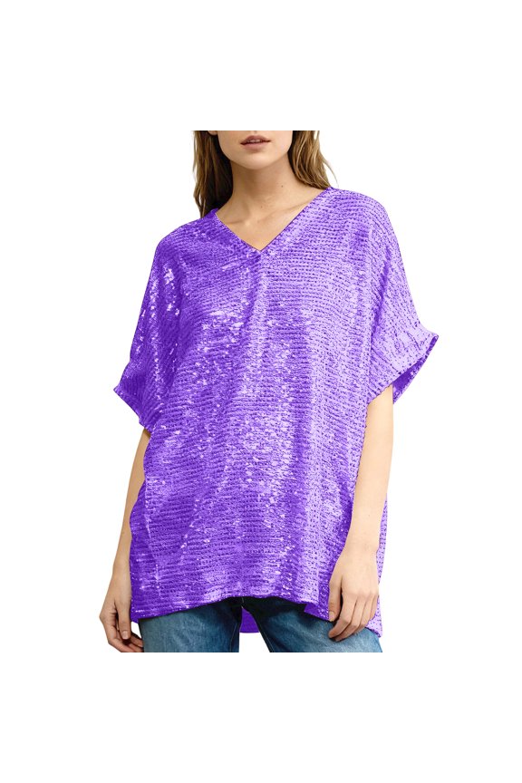 Glitter Tops for Women 3/4 Sleeve Shirts Evening Cocktail V Neck Sequin Blouse Tunic Weddings Purple 2XL