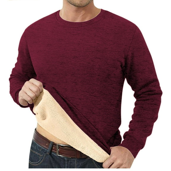 ASDFVBKG Grey Sweatshirt Men Crewneck Thicken Comfortable Long Sleeve Sherpa Lined Fleece Sweatshirts Fashion Insulated Pullover Solid Color Winter Shirt Wine XL