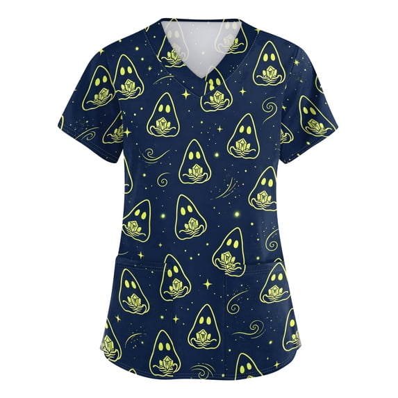 ASDFVBKG Halloween Retro Skull Printed Scrub Top, Women V-Neck Short Sleeve Medical Uniform, Fashion Workwear with Convenient Pockets Navy L