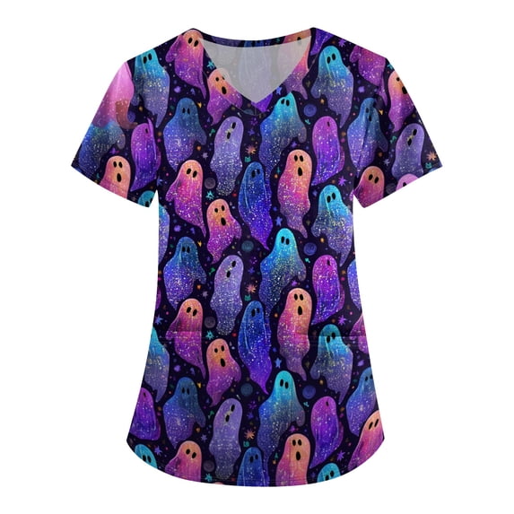 ASDFVBKG Halloween Scrub Tops,Plus Size Women'S Halloween Pumpkin-Headed Bat Printed Scrub Tops V-Neck Fun T Shirts Nurse Uniform Tee With Pockets Purple L