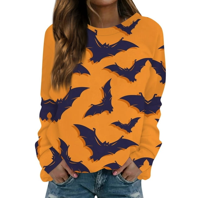 ASDFVBKG Halloween Sweatshirt for Women bat Printed Long Sleeve Fall