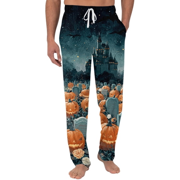 ASDFVBKG Halloween Themed Men's Casual Pajama Pants with Drawstring Elastic Waist, Comfortable Sleepwear Loose Fit for Lounge, Yoga, and Home Wear, Fun Print Design Blue XL