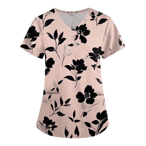 ASDFVBKG Hawaii Print Scrub Tops for Women Casual Short Sleeve Plus Size V-Neck Scrubs Top Medical Nursing Uniforms with Pockets Khaki XL