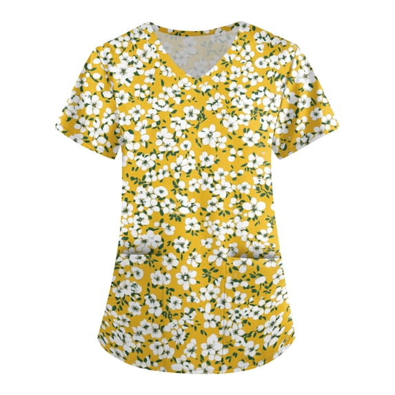 ASDFVBKG Hawaii Print Scrub Tops for Women Casual Short Sleeve Plus Size V-Neck Scrubs Top Medical Nursing Uniforms with Pockets Yellow L