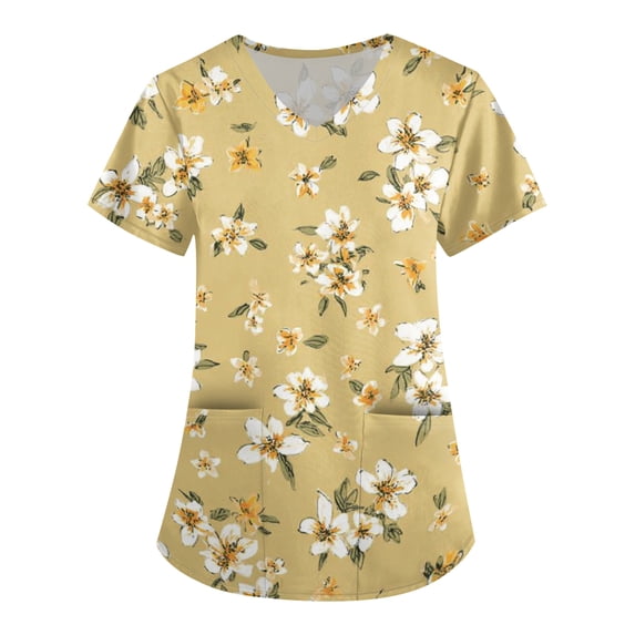 ASDFVBKG Hawaii Print Scrub Tops for Women Casual Short Sleeve Plus Size V-Neck Scrubs Top Medical Nursing Uniforms with Pockets Yellow XL