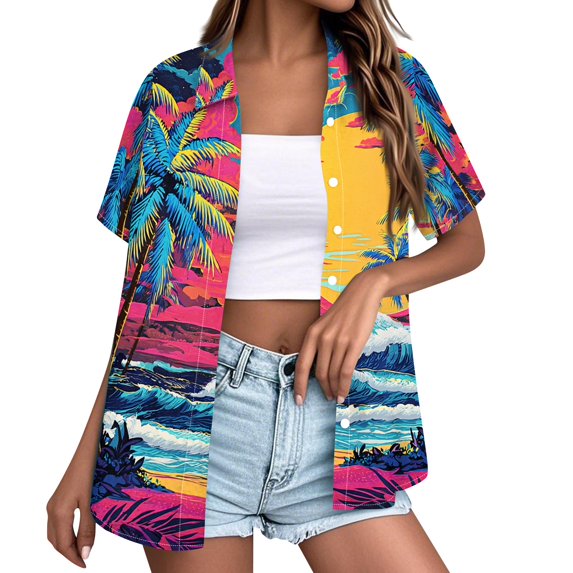 ASDFVBKG Hawaiian Shirt Women Hawaii T-Shirt Tropical Floral Printed V Neck Shirts Soft Cool Summer Beach Button Up Blouse Hot Pink M