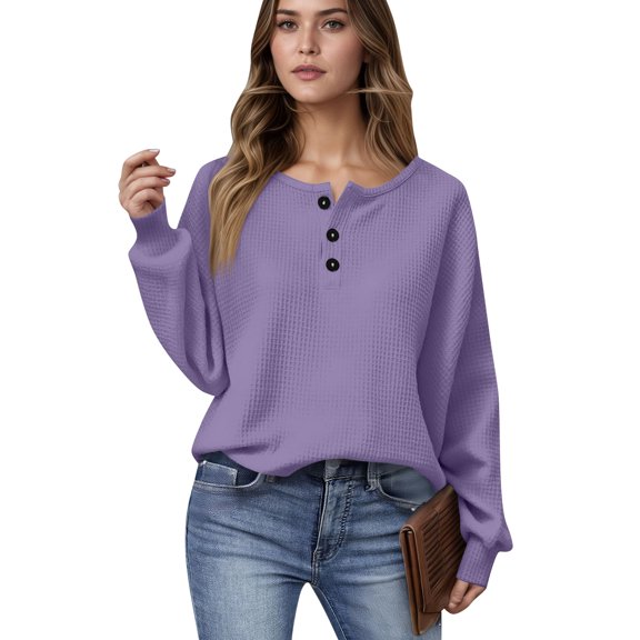 ASDFVBKG Henley Shirts for Women Button Down Long Sleeve Solid Casual Pullover Waffle Soft Trendy Blouse Loose Fit 2025 Fall Tunic Tee Top Purple L