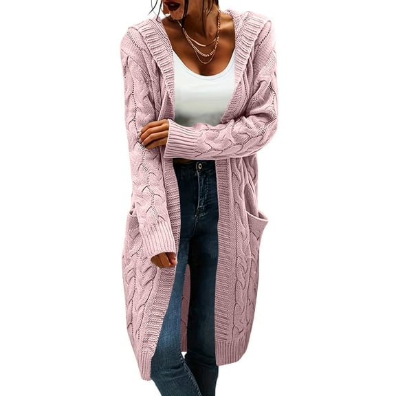 ASDFVBKG Hooded Cardigan for Women Cable Knit Long Sleeve Oversized Soft Casual Sweater with Pockets Fall Winter Loose Fit Solid Color Lightweight Fashion Dressy Outfits Pink M