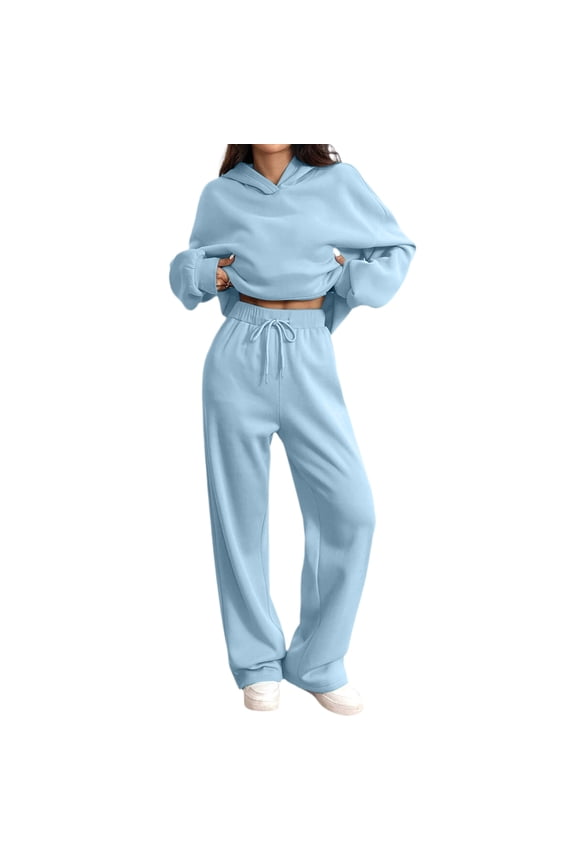 Hoodie Tracksuit for Women 2pcs Lightweight Long Sleeve Hooded Sweatshirt Lounge Drawstring Sweatpants Solid Color Soft Dressy Loose Thicken Tracksuit Pockets Sky Blue M