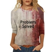 ASDFVBKG I'm Fine Bloody Shirt 2024 3/4 Length Sleeve Crewneck Funny Halloween Splatter Blouse Dressy Casual problem solved Print Bloody Horror Tops Funny Blouses White M