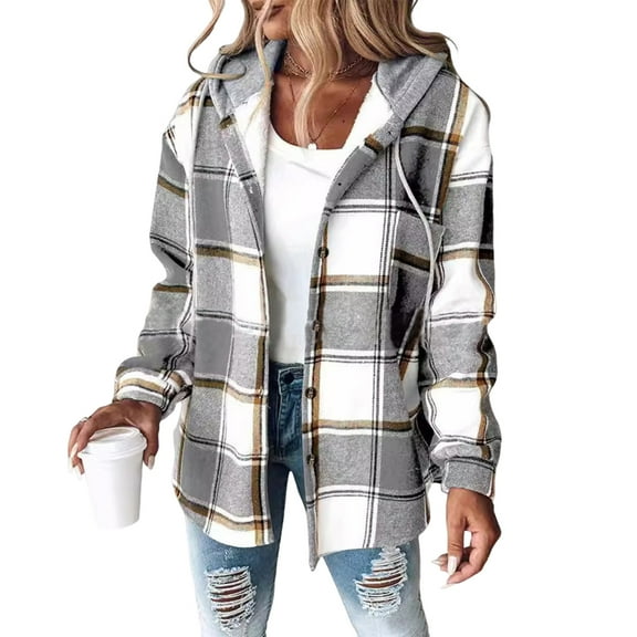 ASDFVBKG Jackets for Women Button Down Hooded Long Sleeve Fleece Lined Plaid Thicken Jacket Loose Drawstring Trendy Warm Winter Hoodie Outerwear with Pockets Light Gray 2XL