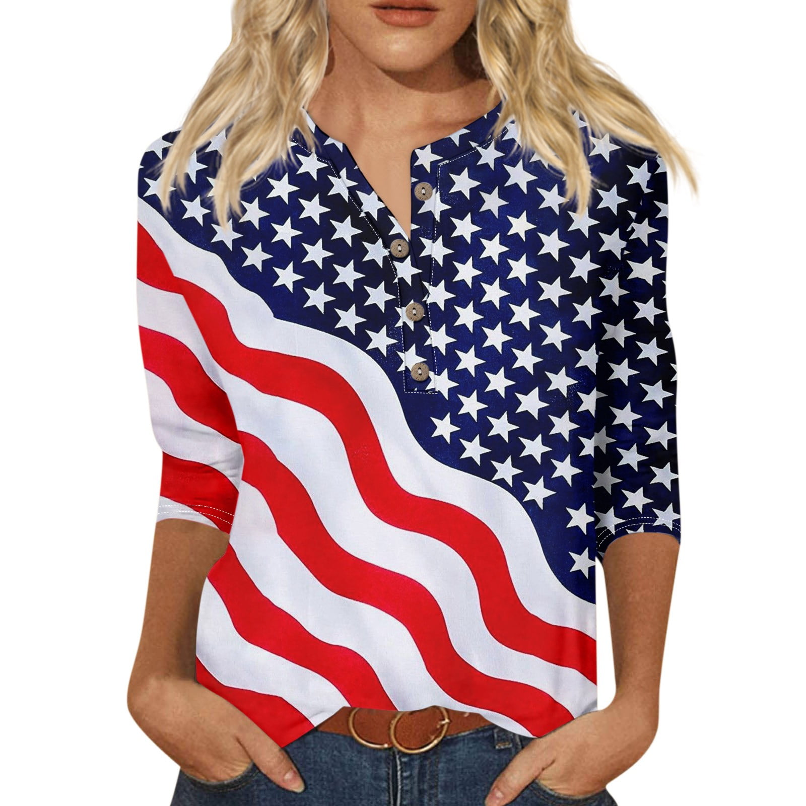 Women's Plus Size Patriotic T-Shirt - Red White & Blue American Flag Cropped Top (3XL Plus) - View #2