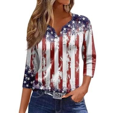 ASDFVBKG 4th Of July 3/4 Sleeve Shirts For Women Plus Size Henley Neck T Shirts Casual Comfy Independence Day Tops Red White Blue Summer Stars Stripes Print