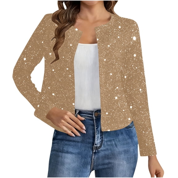ASDFVBKG Ladies Sequin Jacket Open Front Sparkling Long Sleeve Blazer Cropped Trendy Coat Loose Fit Jackets Khaki 2XL