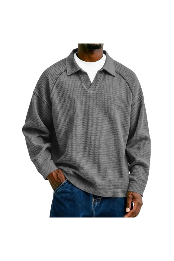 Lapel Pullover Men Waffle Cozy Long Sleeve Collared Retro Pullover Dressy Classic Loose Pullover Gray L