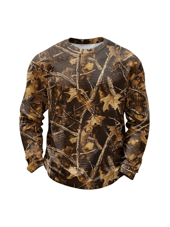 Lightweight Mens Crew Neck Sweatshirt, Camo Maple Leaf Printed Waffle Knit Long Sleeve Casual Pullover Brown M