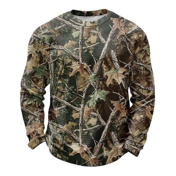 ASDFVBKG Lightweight Mens Crew Neck Sweatshirt, Camo Maple Leaf Printed Waffle Knit Long Sleeve Casual Pullover Light Brown M