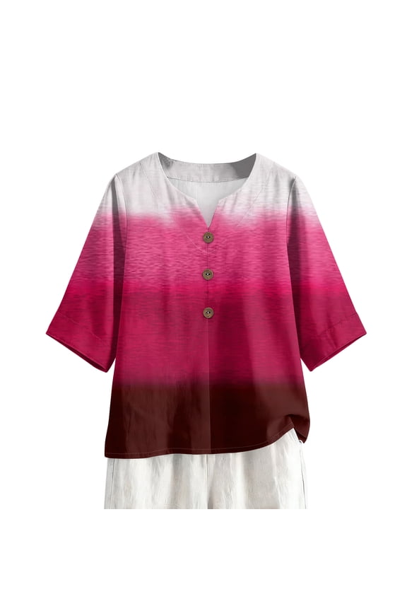 Linen Cotton Shirt Womens Three Quarter Sleeves V Neck Shirts Fashion Gardient Blouse Lounge Loose Fit Comfortable Tee Tops Hot Pink L