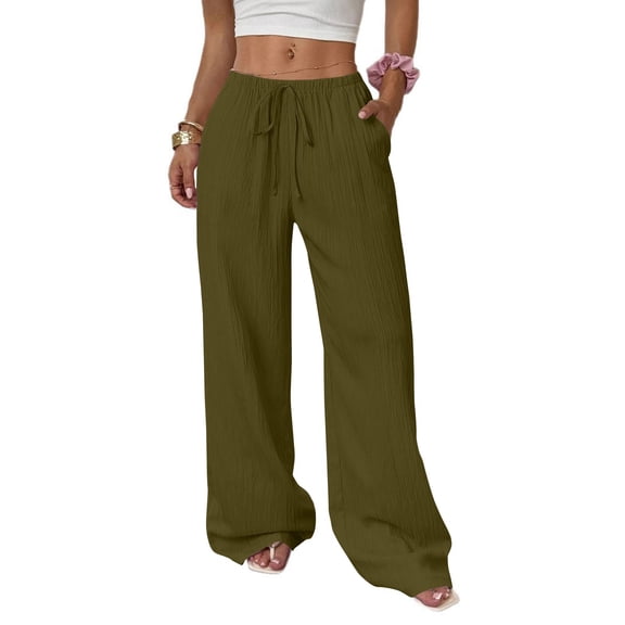 ASDFVBKG Linen Pants Womens Comfortable Wide Leg Elastic Wais Lounge Palazzo Trousers Flowy Baggy Loose Beach Travel Pants with Pockets Army Green 2XL