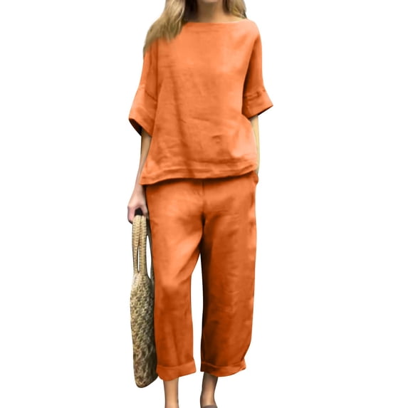 ASDFVBKG Linen Sets for Women 2 Piece, 3/4 Length Sleeve Linen Sets Women – Casual Shirt & Wide Leg Pants Outfit for Cozy Style Yellow L